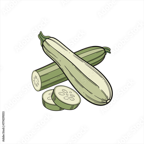 Illustration of zucchini squash whole and sliced