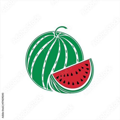 Stylized green watermelon with a slice showing red flesh and black seeds
