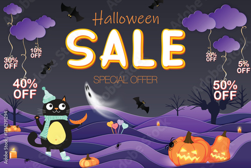 Halloween sale banner with Halloween Sale text, spooky purple landscape with lilac hills, black cat with balloon, pumpkins, bats, creepy spiders, ghost, candies and glowing candles