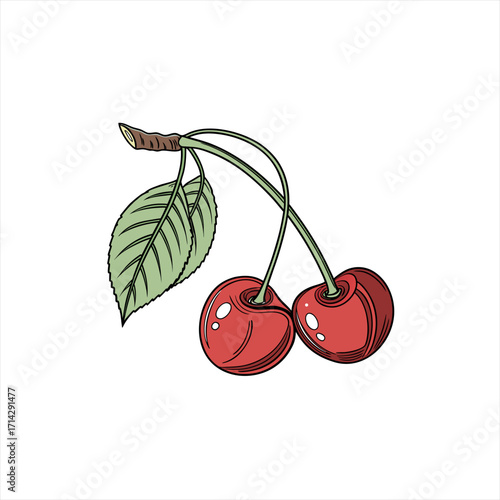 Two ripe red cherries with green leaves on a white background