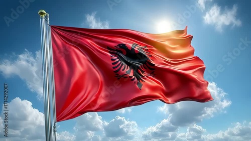 A waving flag of Albania against a bright blue sky with clouds. The flag features a red background and a black double-headed eagle emblem.