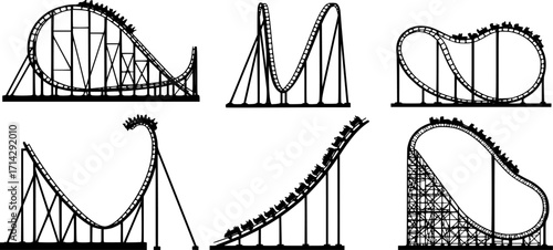 Roller coaster vector silhouettes. Rollercoaster or amusement park rollers isolated
