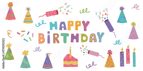 Bright celebratory vector set featuring birthday cake, party hats, confetti poppers, candles and decorative Happy Birthday lettering for cards