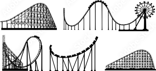 Roller coaster vector silhouettes. Rollercoaster or amusement park rollers isolated
