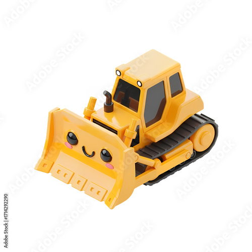 A yellow toy bulldozer with a cute smiling face on its front blade, isolated on white, ideal for playful construction and youthful fun.