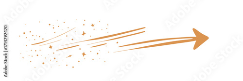 Golden arrow with trailing sparkles and dynamic motion lines, hand drawn vector illustration of magical comet or shooting star effect in flat minimalist style for decoration and emphasis design