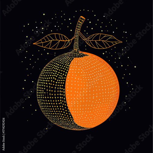 Half solid half wireframe orange fruit with leaves surrounded by starry cosmic particles and constellation dots on black background vector illustration