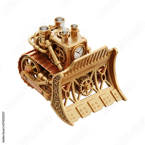 A meticulously crafted miniature steampunk bulldozer, featuring intricate gears and brass components, stands isolated on a pristine white background.
