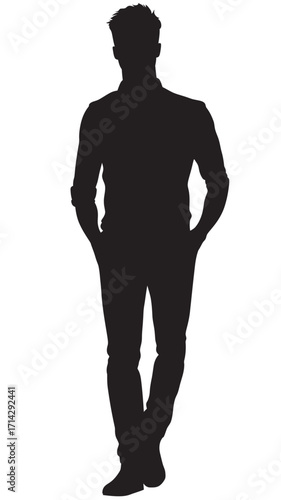 Silhouette of standing man with hands in pockets casual posture black shadow isolated on white background minimalist vector illustration