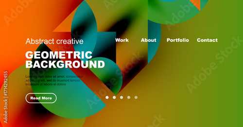 Bright abstract website header. Geometric shapes overlap, vibrant colors present text, navigation options visible. Modern design.