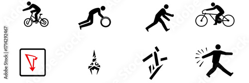 Black silhouette icons set showing bicyclist riding, person pushing a ball, running figure, cyclist, compass direction, abstract shapes, and person with shoulder pain in flat minimalist style