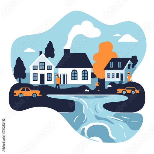 Flooded neighborhood scene with houses, cars, people walking in rain and water overflow river in flat minimalist vector style illustration