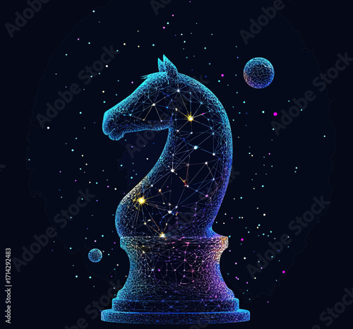 Futuristic digital chess knight piece composed of interconnected glowing points and lines resembling a starry cosmic network in space vector illustration