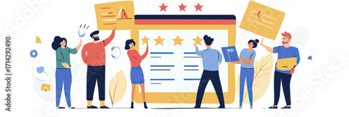 People Giving Five Star Ratings and Writing Reviews on Online Survey Form with Feedback Icons Flat Vector Illustration