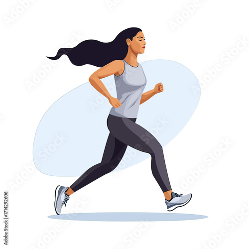 Woman running outdoors in sportswear with long flowing hair active fitness exercise jogging side view minimalist vector illustration