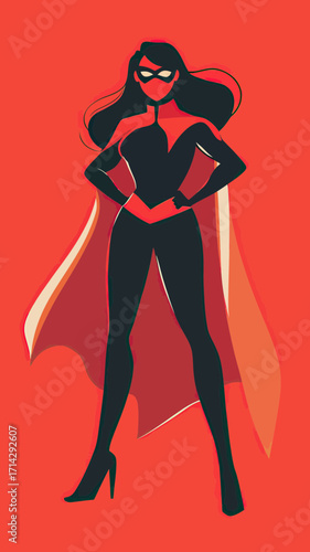Confident female superhero standing with hands on hips wearing mask cape and high heels minimalist vector illustration