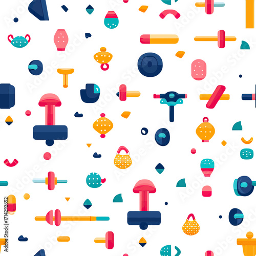 Seamless pattern of colorful flat minimalist gym equipment including dumbbells, kettlebells, barbells, and hand grips on white background for fitness and workout concepts