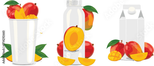 Mango Juice Packaging Vector Set Featuring Cup, Bottle, Carton with Fresh Mangoes, Slices, Leaves for Product Branding and Design
