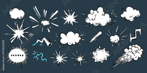 Comic cartoon explosion elements set with smoke clouds, bursts, speed lines, doodle style vector icons for comics and graphic design use
