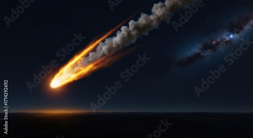 Fiery meteor streaking across a dark night sky, leaving a trail of smoke and fire.  Distant galaxy visible
