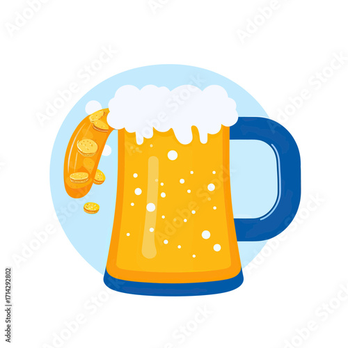 Large cold beer mug with frothy foam and slice of bread with coins in flat minimalist vector style on blue background