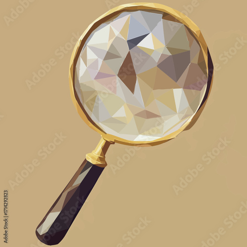 Low poly vector illustration of a gold rimmed magnifying glass with dark handle on beige background in flat minimalist style