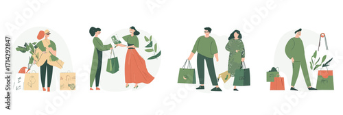 Sustainable fashion shopping illustration with diverse characters carrying eco friendly reusable bags and thrift clothing in minimalist flat vector style