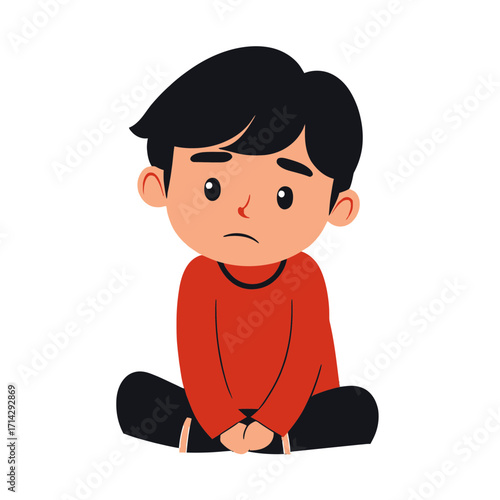Sad young boy sitting cross legged with worried expression isolated on white background flat vector illustration for mental health and emotions concept design