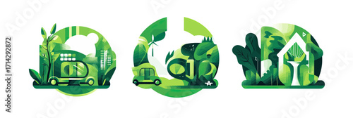 Sustainable transport electric car with plant leaves renewable energy circular economy eco house green environment conservation concept flat vector illustration set