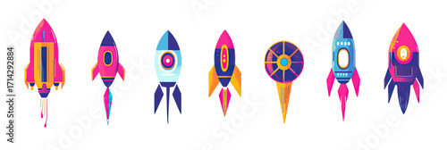Colorful flat minimalist cartoon rocket ship collection with varied futuristic space rocket designs on white background vector illustration