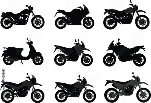 Motorcycle silhouette collection, cruiser, sportbike, scooter, dirt bike, adventure, dual-sport, off-road, vector set, black icons, transportation, vehicle types