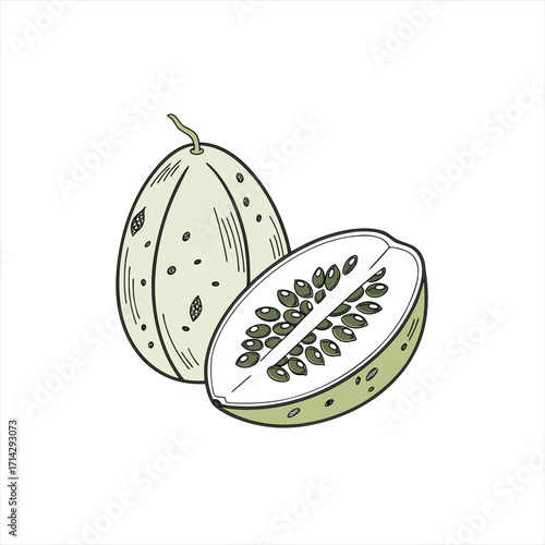 Illustration of a whole and halved kiwano fruit with seeds