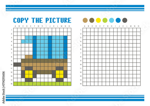 Copy the picture grid drawing worksheet for kids. Pixel art chariot
