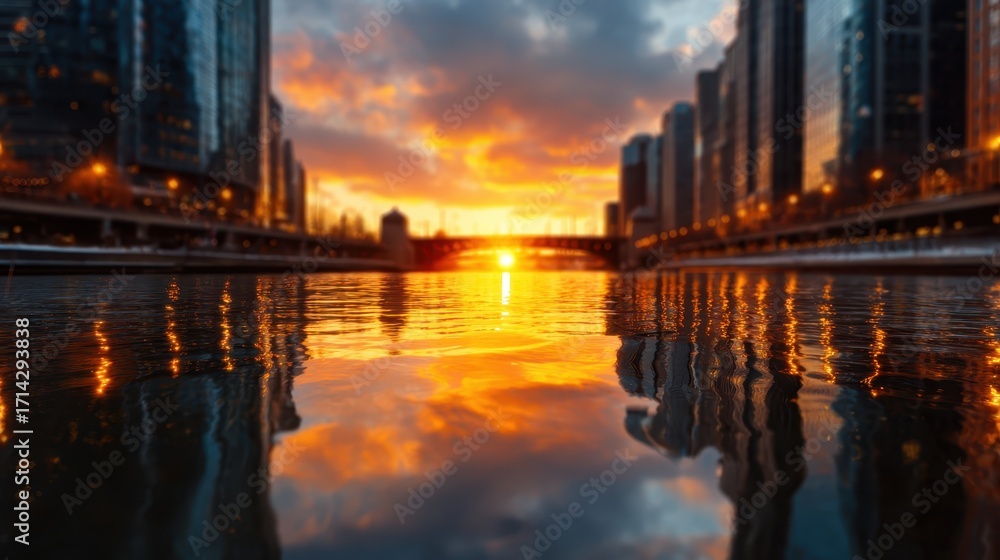 Fototapeta premium A breathtaking sunset reflecting off a river in an urban setting, showcasing the mesmerizing beauty of nature harmonizing with city life in twilight.