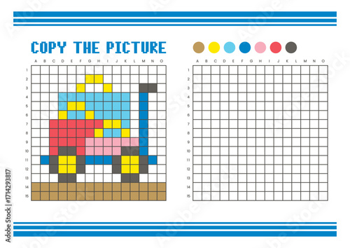 Copy the picture grid drawing worksheet for kids. Pixel art luggage cart and bags