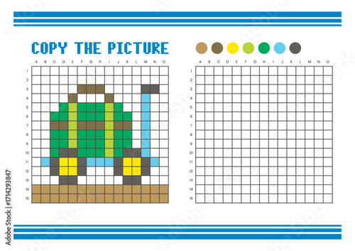 Copy the picture grid drawing worksheet for kids. Pixel art luggage cart and a bag