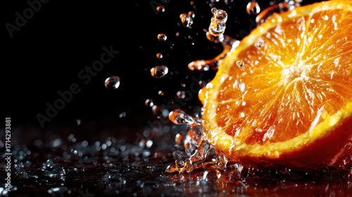 An invigorating orange slice bursts into vivid color as water splashes against it, highlighting fresh, juicy textures that invoke a sense of refreshment and vitality.
