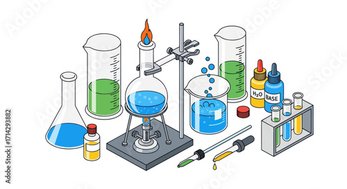 Colorful Chemistry Lab Equipment Set in Isometric View.
