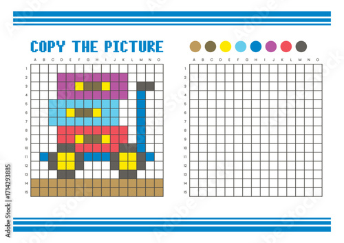 Copy the picture grid drawing worksheet for kids. Pixel art luggage cart and suitcases