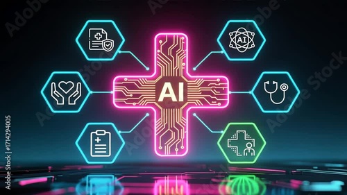 Futuristic glowing neon cross with ai letters at center with circuit lines surrounding by medical icons concept of ai healthcare medical technology
