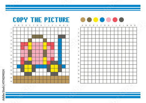 Copy the picture grid drawing worksheet for kids. Pixel art luggage cart and a suitcase