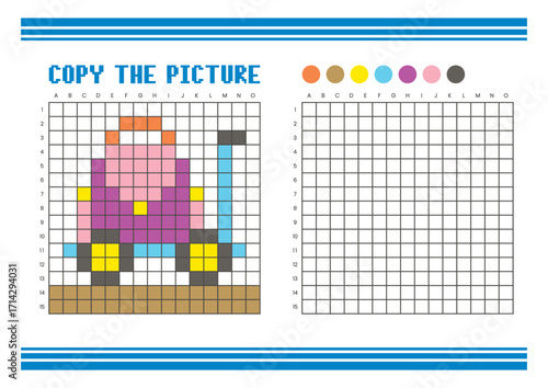 Copy the picture grid drawing worksheet for kids. Pixel art luggage cart and a bag