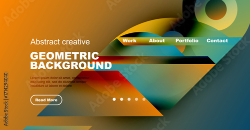 Abstract geometric background design. Orange, teal, brown hues blend. Website header includes navigation options, text, button.