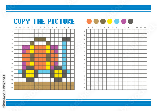 Copy the picture grid drawing worksheet for kids. Pixel art luggage cart and a suitcase