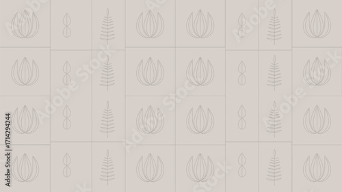 A repeating pattern of pumpkins, christmas trees, and candle holders on a beige background in squares