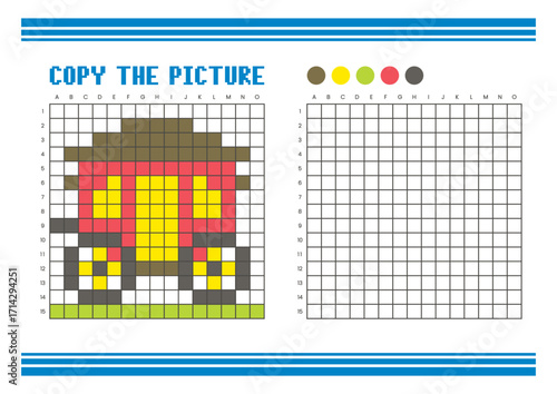 Copy the picture grid drawing worksheet for kids. Pixel art carriage