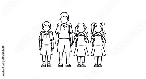 A group of four young school children two boys and two girls wearing uniforms and backpacks in a line art style.