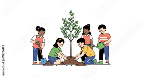Diverse children planting a young tree together in a garden setting.