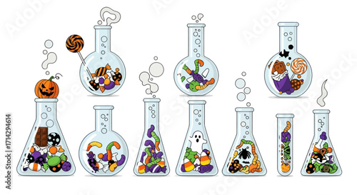 Halloween Laboratory Flasks and Beakers with Spooky Candy and Decorations.
