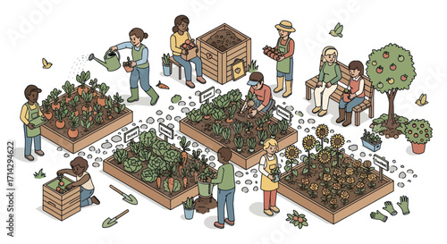 Community Garden Scene with People Gardening and Relaxing.